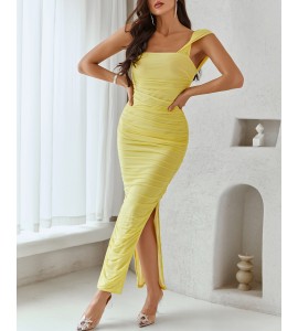High Slit Ruched Square Neck ny Maxi Dress